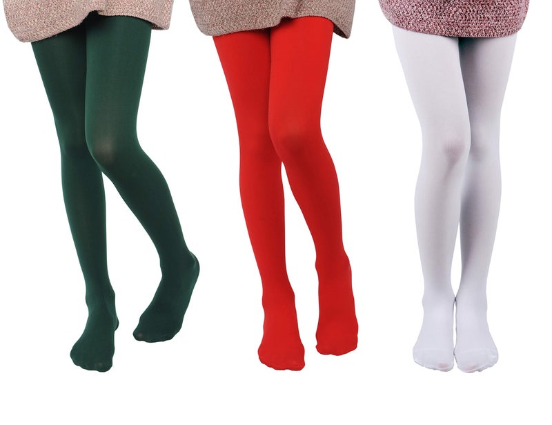 EVERSWE 3 Pairs Pack Girls Microfiber Tights Multiple Colors (Red/Dark Green/White, 6-8) - Image 2